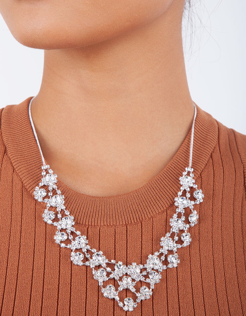 Silver Diamante V Shape Bib Necklace
