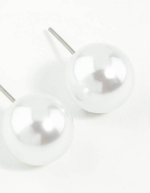 Silver Round Pearl Stud Earrings
