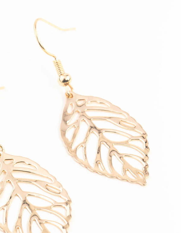 Gold Filigree Leaf Drop Earrings