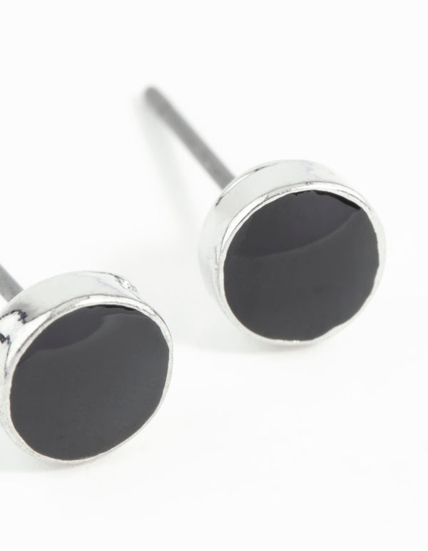 Silver Black Disc Earrings