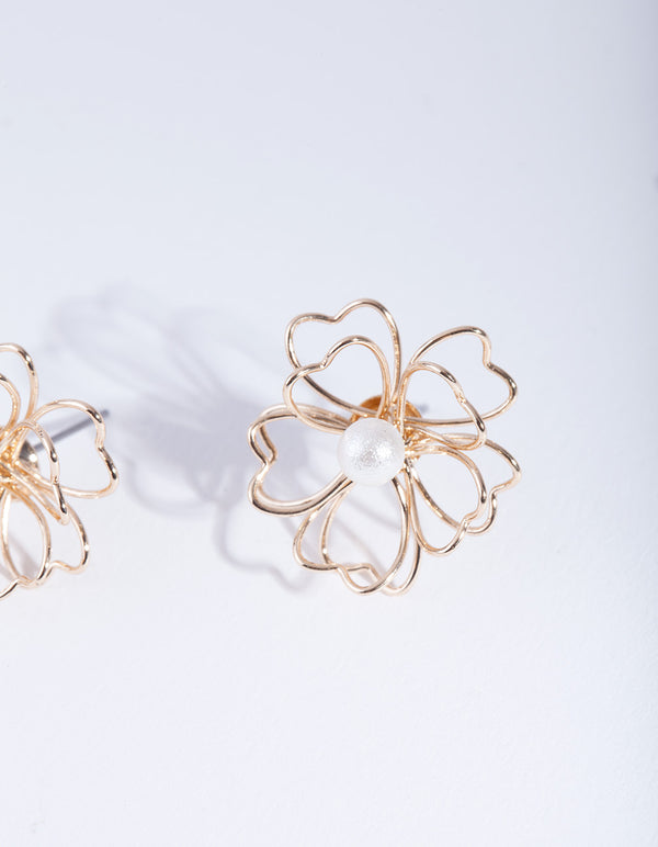 Gold Pearl Wired Flower Stud Earrings