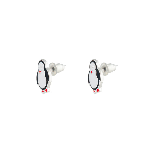 Silver Black & White Penguin Stud Earrings