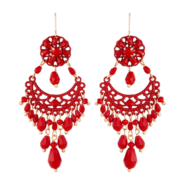 Red Beaded Chandelier Drop Earrings