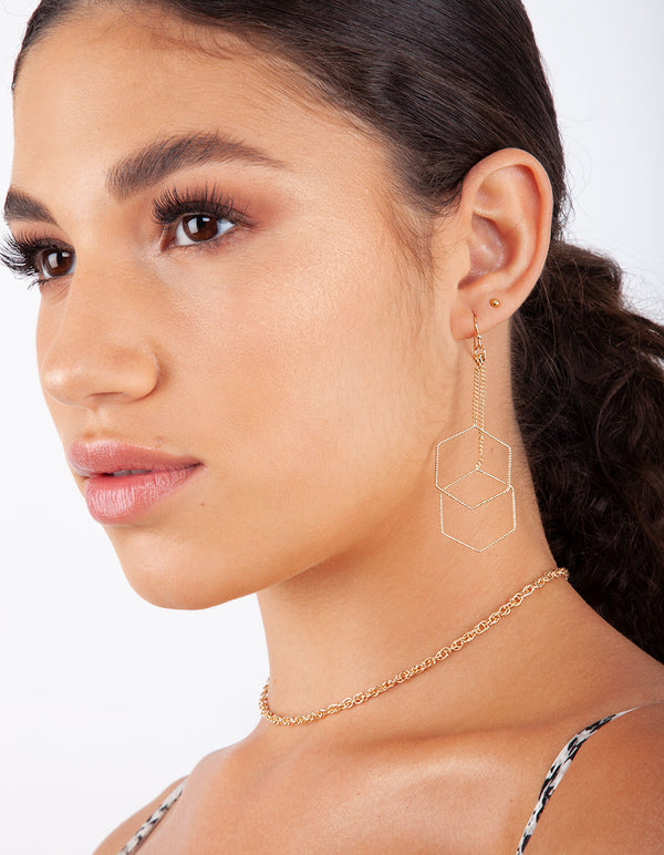 Gold Double Hexagon Drop Earring