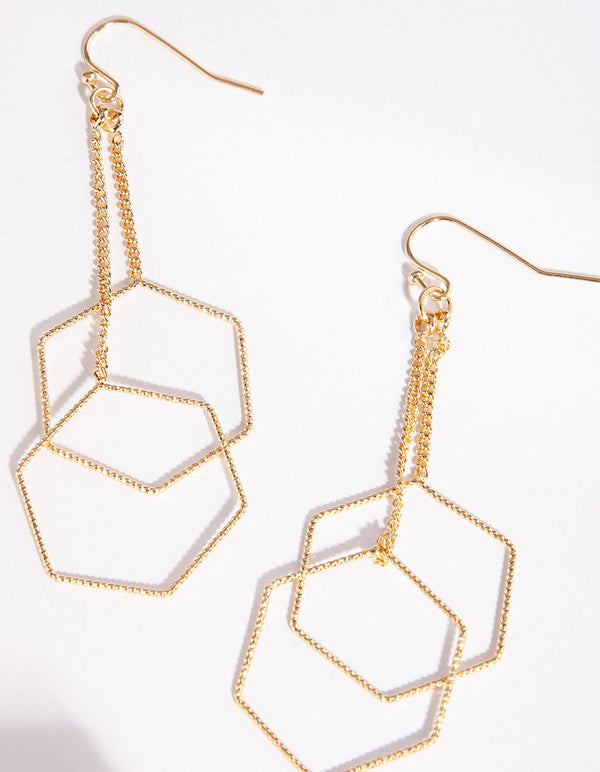Gold Double Hexagon Drop Earring