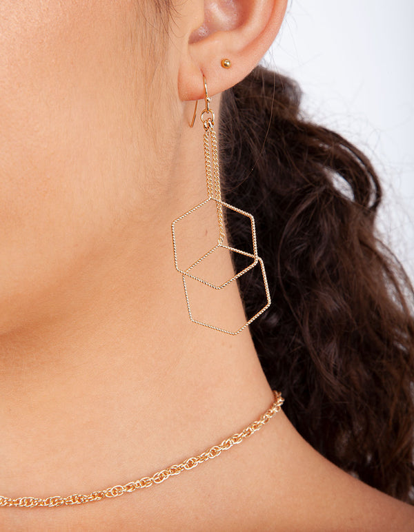 Gold Double Hexagon Drop Earring