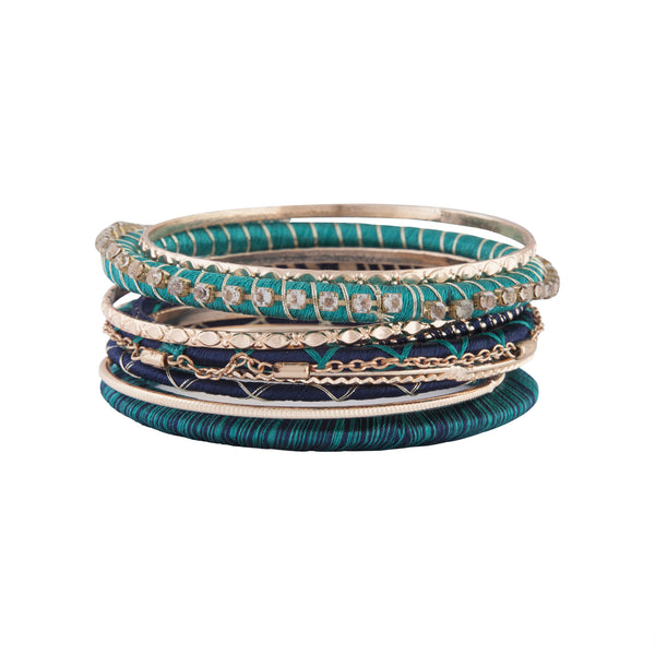 Emerald Navy Mixed Beaded Bangle Pack