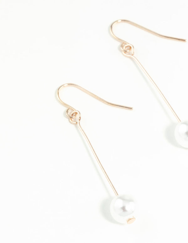 Rose Gold Fine Stick & Pearl Drop Earrings