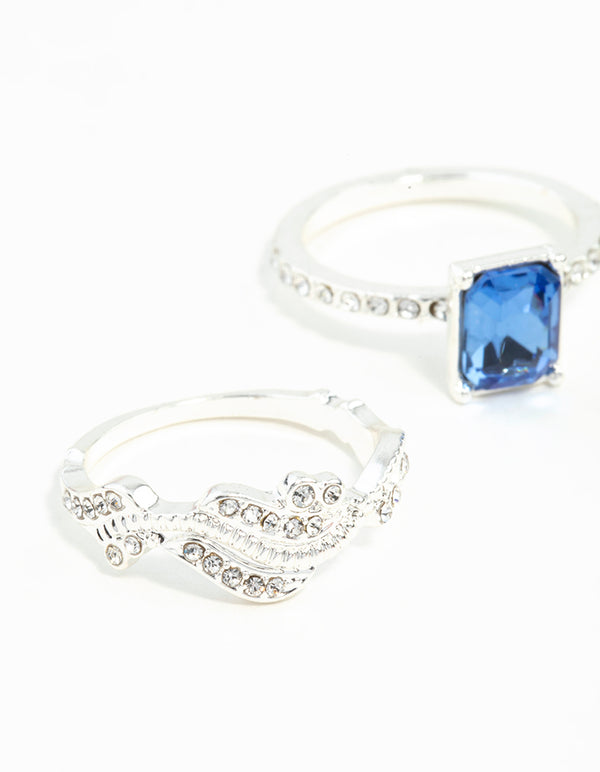 Silver Baguette Sapphire Diamante Ring Stack