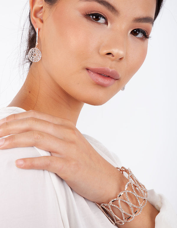 Rose Gold Round Diamante Detail Drop Earrings