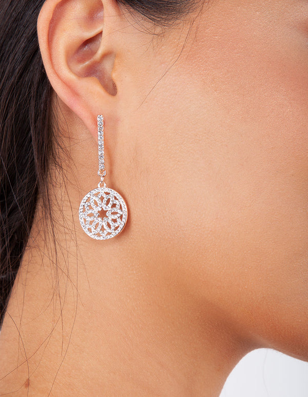 Rose Gold Round Diamante Detail Drop Earrings