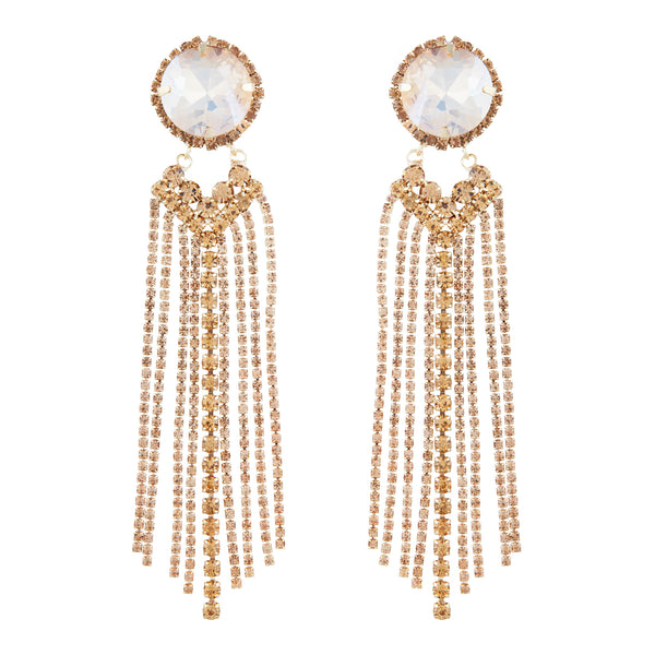 Large Glass Stone With Gold Diamante Tassels Earrings