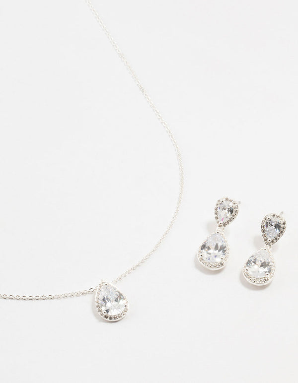Silver Diamante Teardrop Earrings & Necklace Set