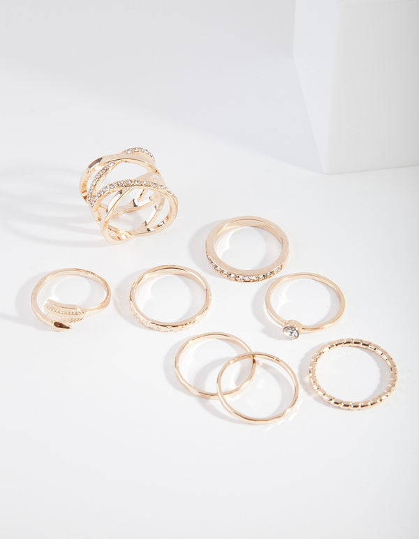Gold Double Crossover Diamante Ring 8-Pack