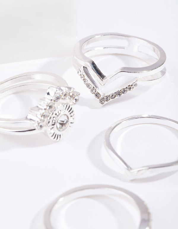 Silver Diamante Point Ring 7-Pack