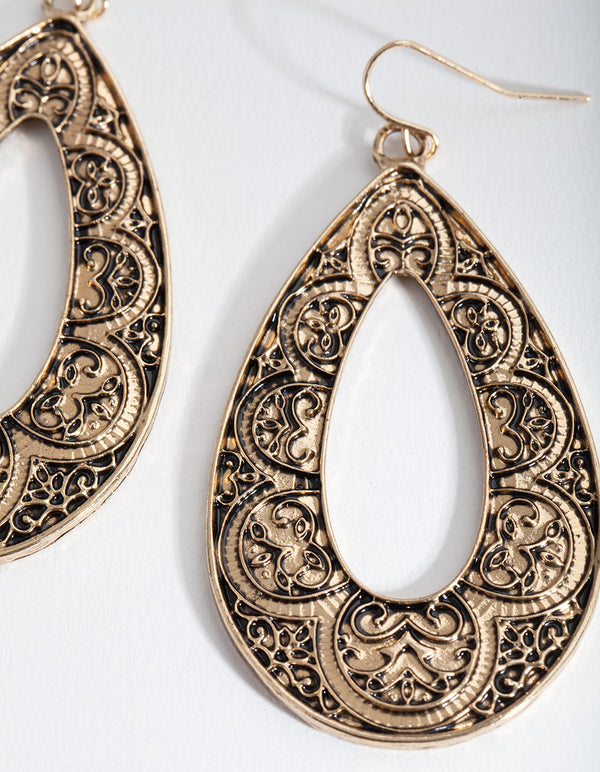Antique Gold Filigree Teardrop Earrings