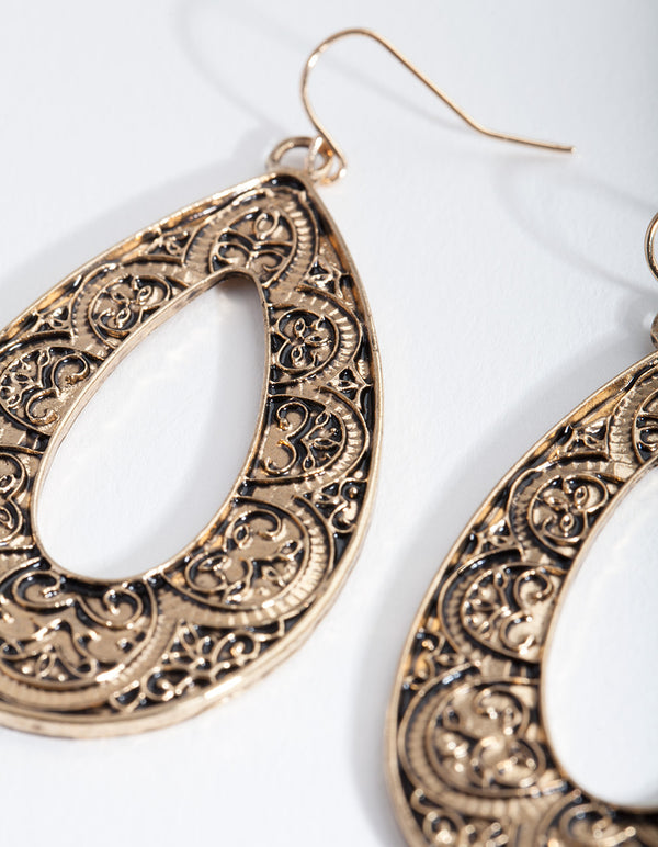 Antique Gold Filigree Teardrop Earrings
