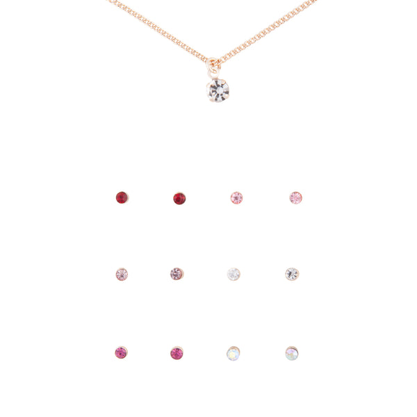 Rose Gold Micro Diamante Necklace 6 Pack Stud Earrings