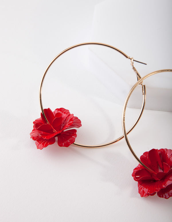 Red & Gold Metal Flower Hoop Earrings