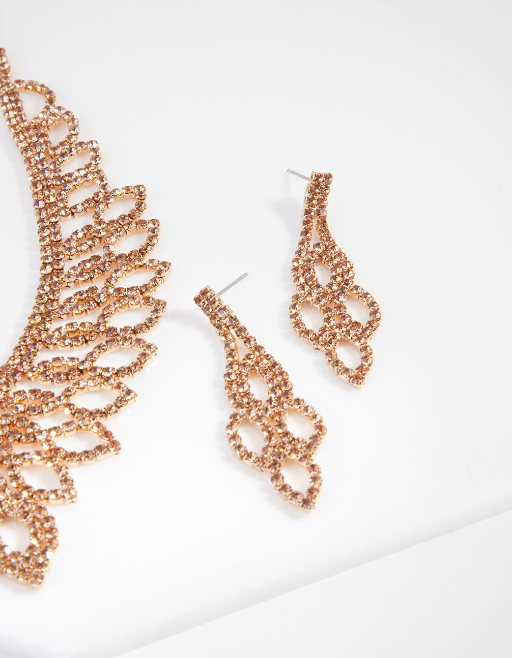 Brown Gold Diamante Earrings Necklace Set