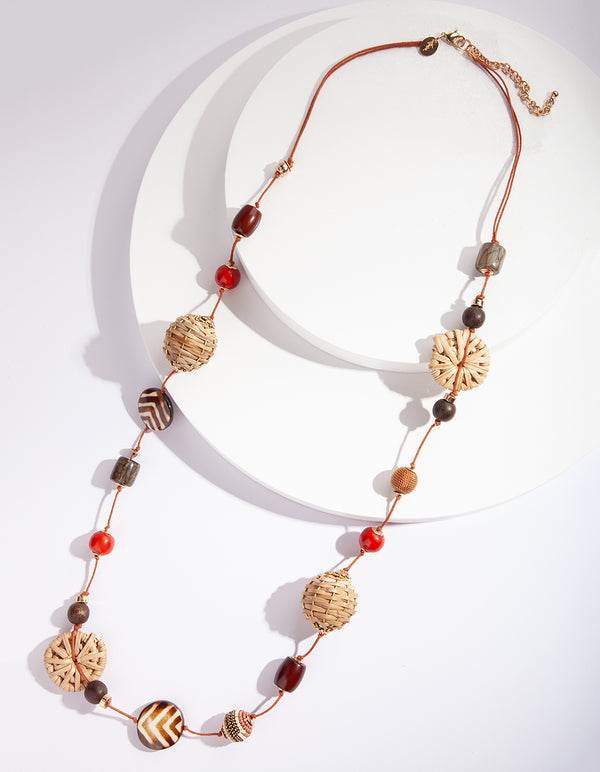 Brown Raffia Station Rope Necklace