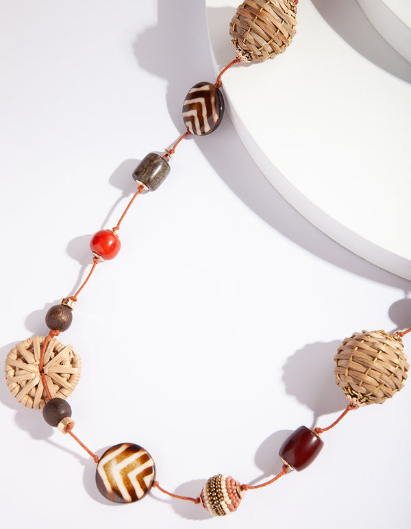Brown Raffia Station Rope Necklace