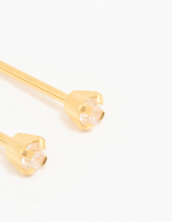 Elegant 24K gold cubic zirconia piercing stud in 2mm with stud closure post detail view