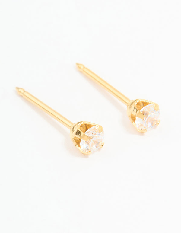 A pair of 24K gold plated surgical stainless steel 3MM cubic zirconia piercing studs crafted from clear gemstones with stud closure front view