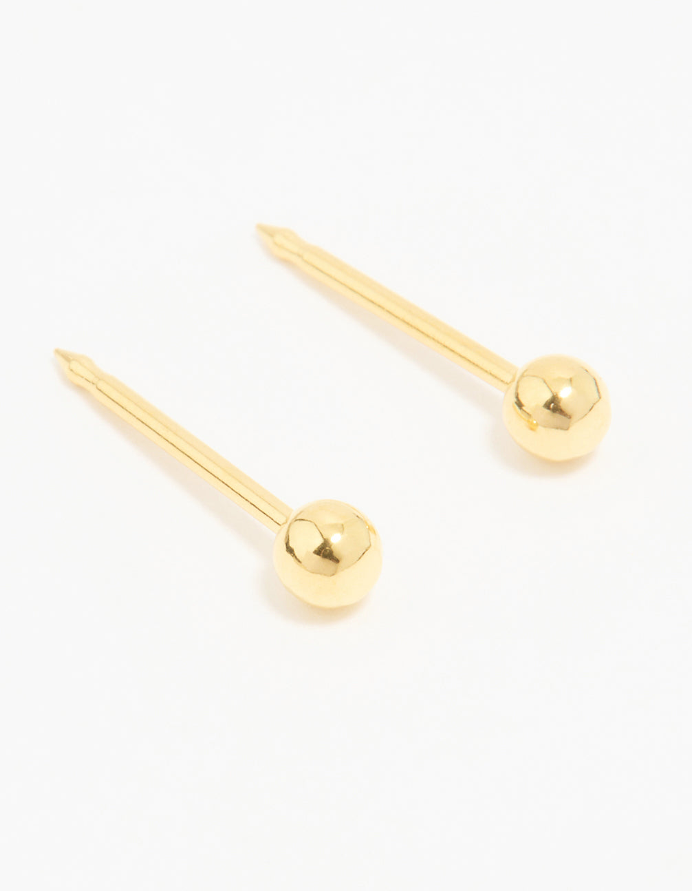 Introducing 24K gold plated surgical stainless steel 3MM piercing studs featuring balls in gold with stud closure front view