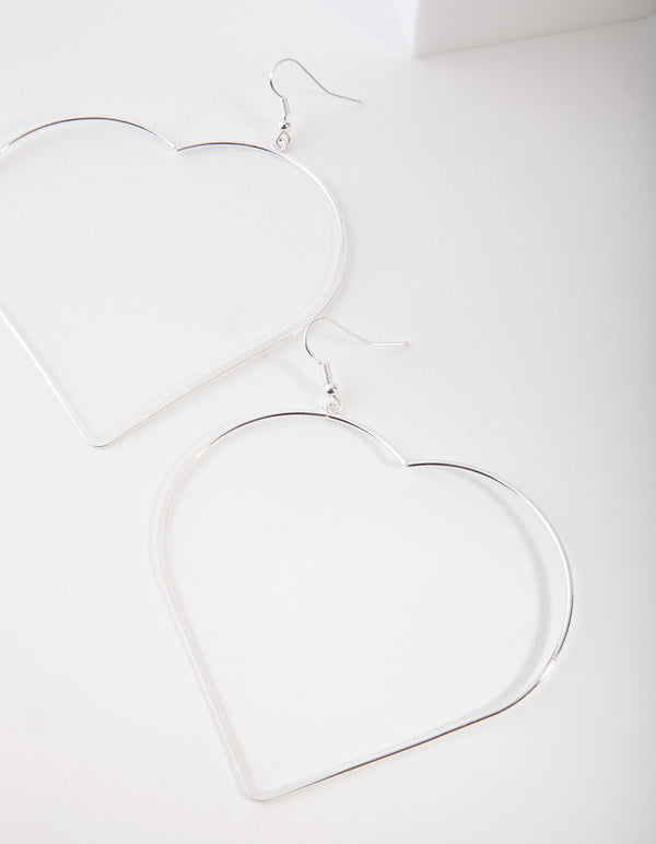 Silver Large Heart Drop Hoop Earring