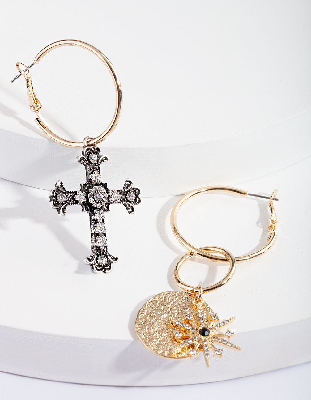 Gold Sun and Cross Charm Hoop Earring