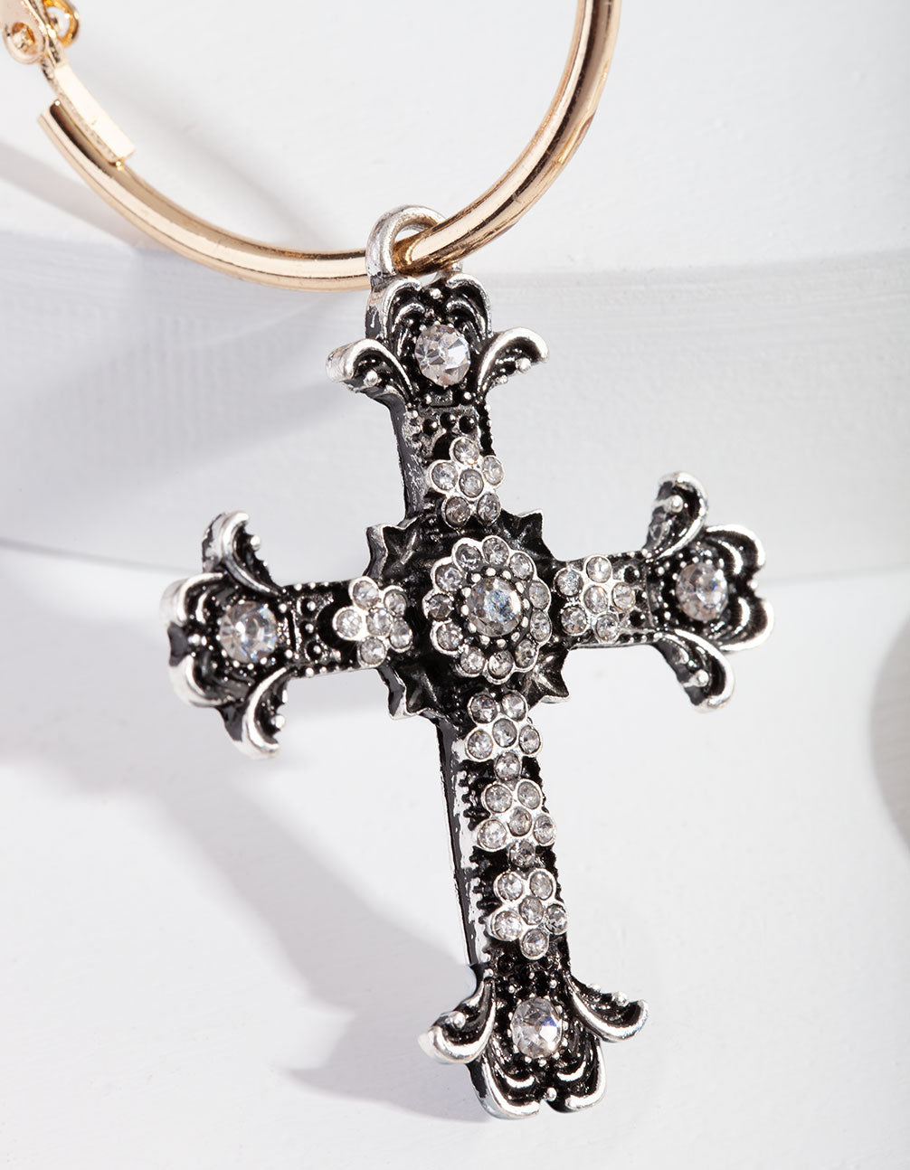 Gold Sun and Cross Charm Hoop Earring