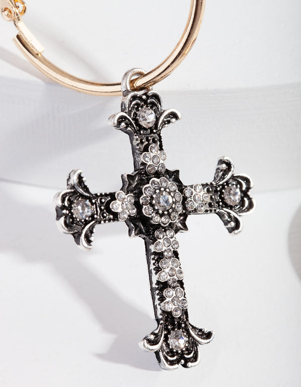 Gold Sun and Cross Charm Hoop Earring