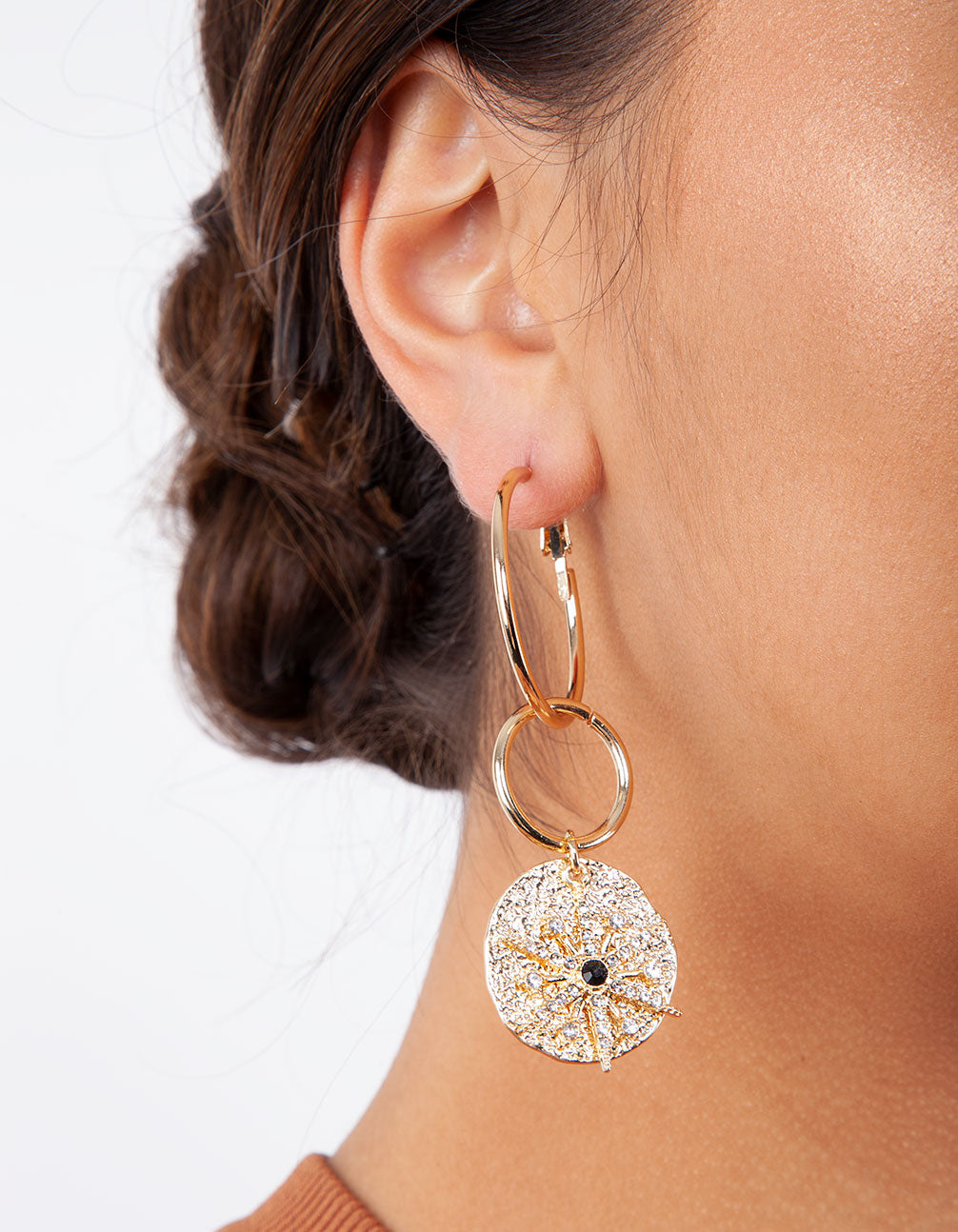 Gold Sun and Cross Charm Hoop Earring
