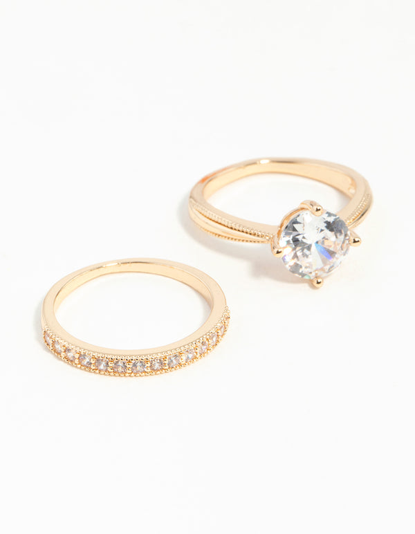 Gold Round Cubic Zirconia Ring Stack