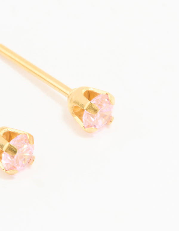 24KT Gold Plated Surgical Steel 3MM Pink Cubic Zirconia Piercing Stud