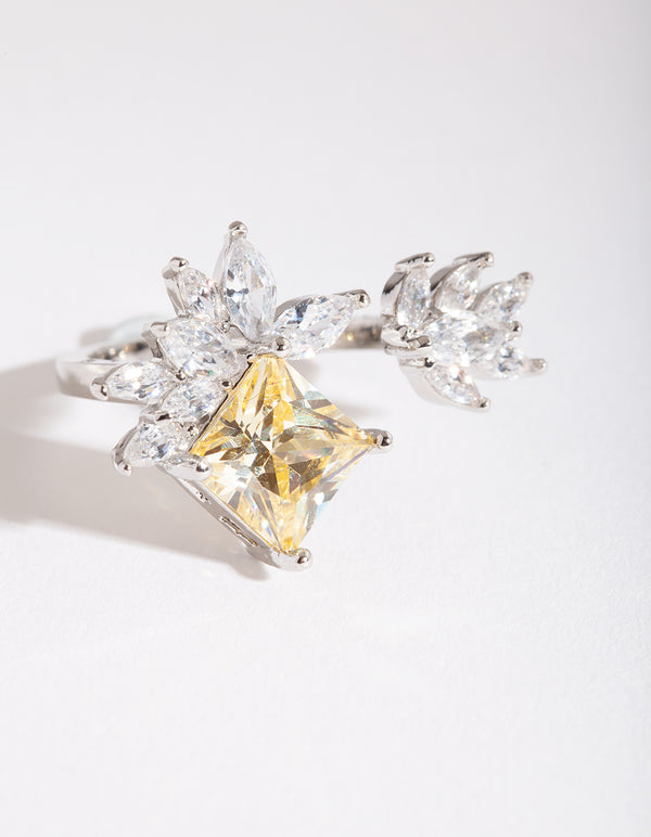 Silver Cubic Zirconia Citrine Open Leaf Ring