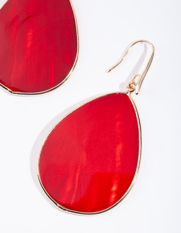 Gold Rimmed Red Tear Drop Shell Earrings