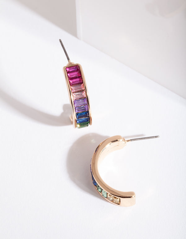 Gold Rainbow Gem Hoop Earrings