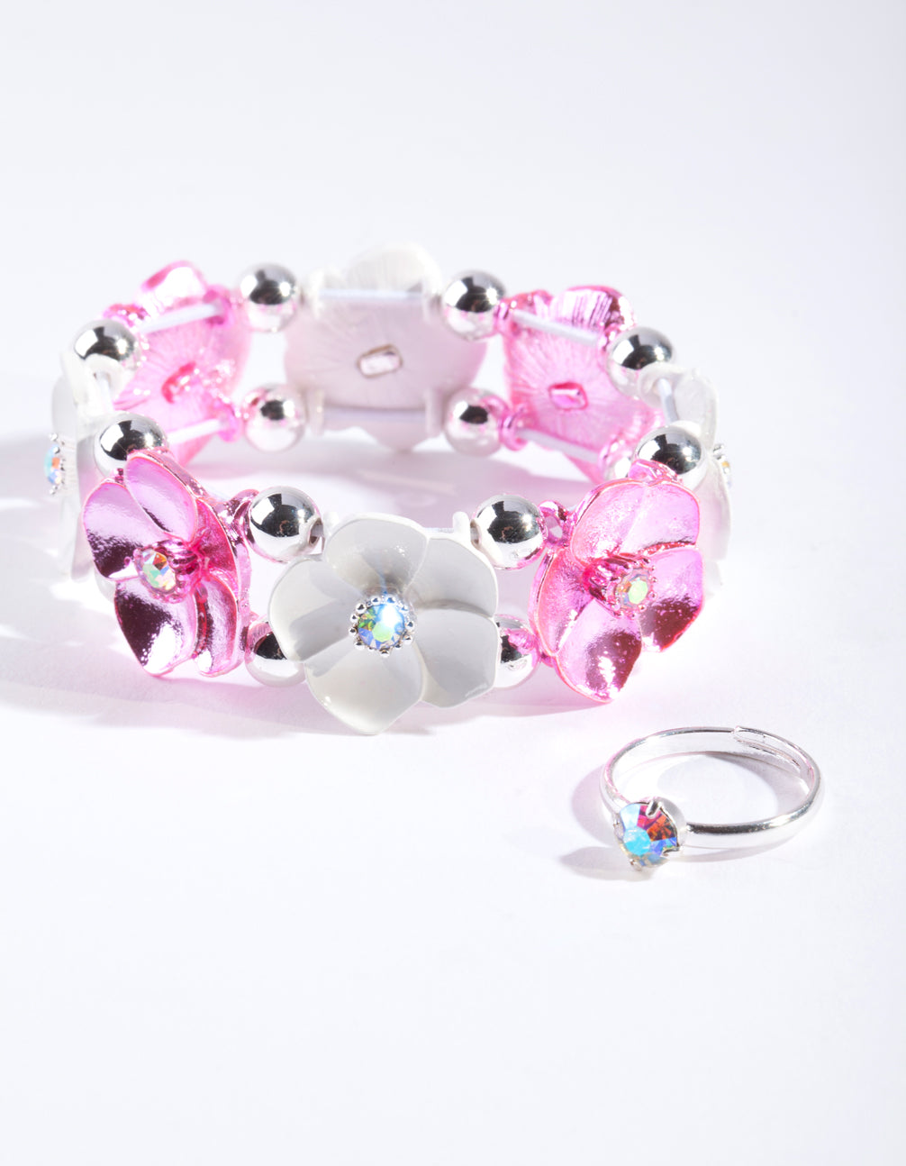 Kids Pink Silver Floral Jewellery Set