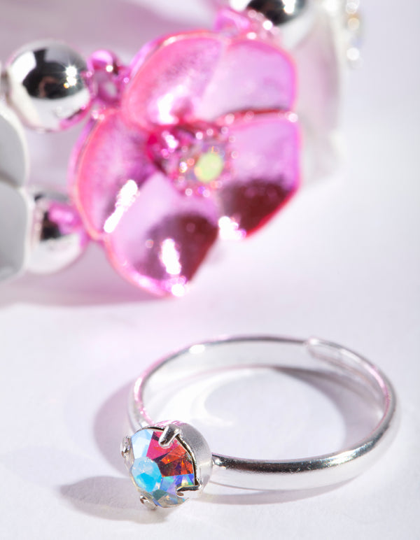 Kids Pink Silver Floral Jewellery Set