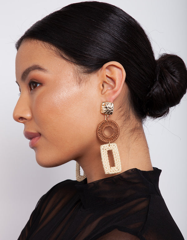 Gold & Brown Raffia Geometric Drop Earrings