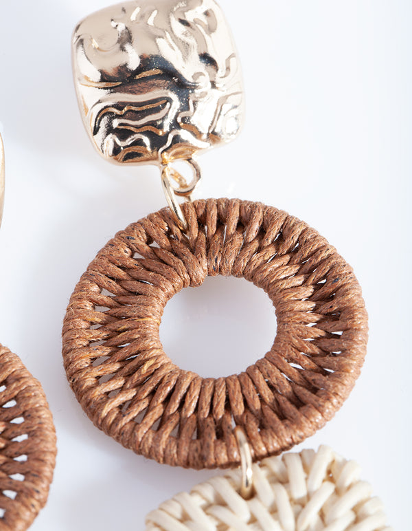 Gold & Brown Raffia Geometric Drop Earrings