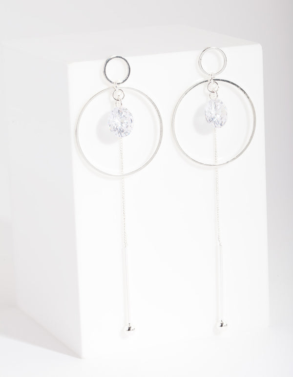 Silver Cubic Zirconia Circle Charm & Chain Earrings