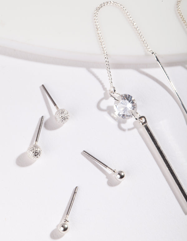 Cubic Zirconia Simple Stud & Chain Drop Earring Pack