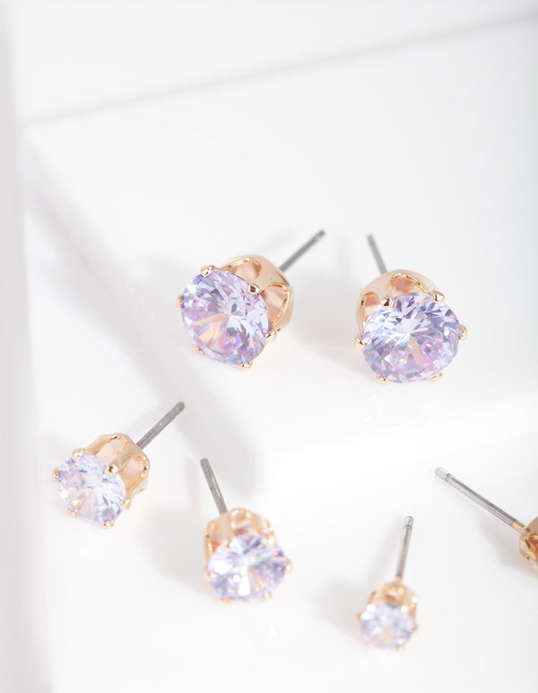 Gold Purple Cubic Zirconia Graduating Stud Earring Pack