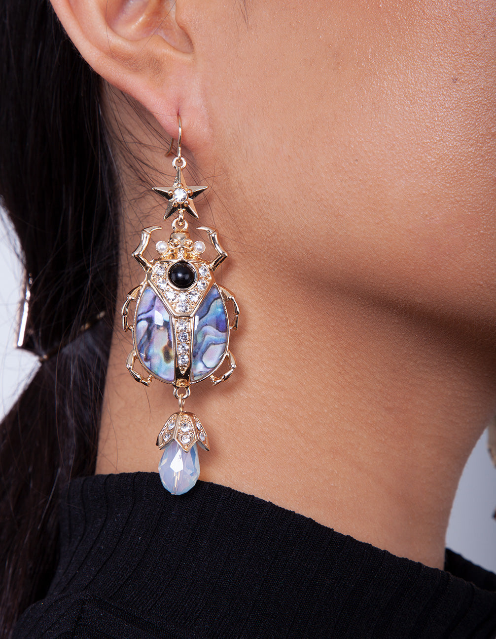 Gold Blue Swirl Beetle Earrings