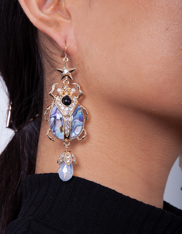 Gold Blue Swirl Beetle Earrings