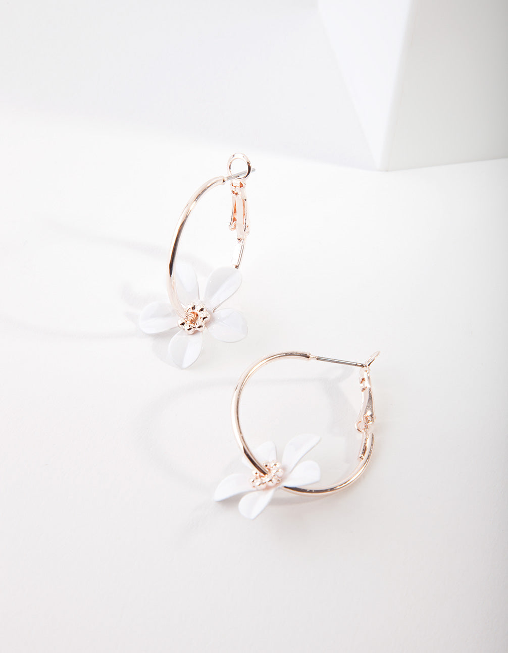 Rose Gold White Flower Hoop Earrings