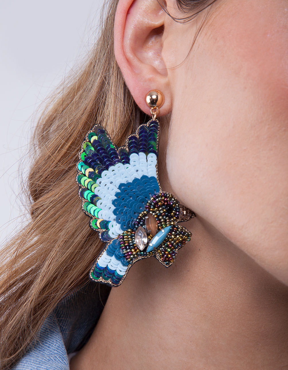 Blue Sequin Bead Bird Earrings